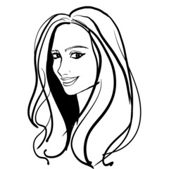 Fashion illustration portrait of a young woman with beautiful wavy hair. Black ink illustration of a beautiful young woman isolated on white