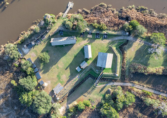 Aerial view of Old King George fort, wooden fortified outpost in the marches of Georgia protecting the old colonies
