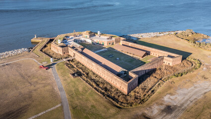 Aerial view of Old Fort Jackson on the Savannah river on the border of Georgia and South Carolina, oldest standing brick confederate fort with river view cannon firing loopholes - obrazy, fototapety, plakaty