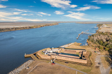 Aerial view of Old Fort Jackson on the Savannah river on the border of Georgia and South Carolina,...