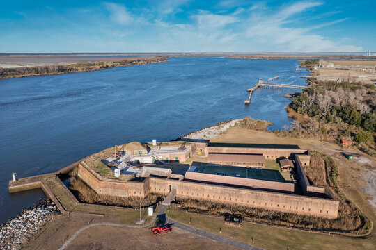 Aerial view of Old Fort Jackson on the Savannah river on the border of Georgia and South Carolina, oldest standing brick confederate fort with river view cannon firing loopholes