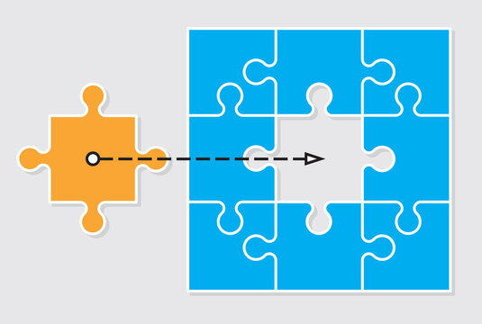 Puzzle pieces vector graphic design.
Vector illustration of connected Puzzle pieces with one missing and ready to be assembled. Business concept about connections, teamwork and problem solving.