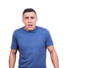 Caucasian man expressing incredulity. White background.