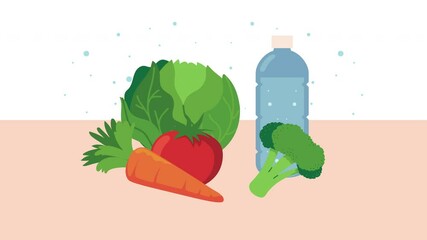 healthy diet plan animation with vegetables and water