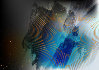 Golden hearts and grunge watercolor blots abstract background. Valentines Day greeting card design. Vector illustration