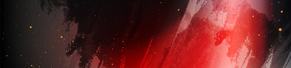 Dark red grunge blots background and shiny golden dots. Vector banner design