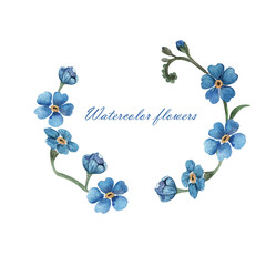 Fototapeta na wymiar Watercolor forget-me-nots, a wreath of blue flowers, handmade, suitable for postcards and invitations