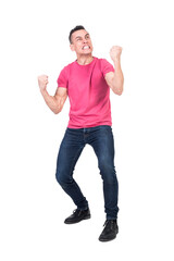 Hysterical guy grinding teeth nervously in white studio