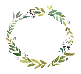 Round frame, watercolor wreath of green leaves and purple flowers. Handmade is perfect for invitations and postcards