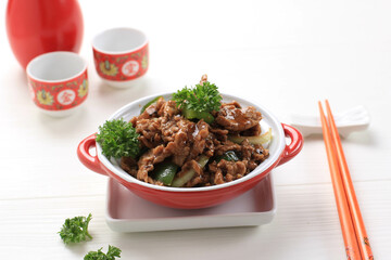 Sapi lada hitam, Indonesian and Chinese cuisine, stir fried beef with black pepper sauce and red bell pepper