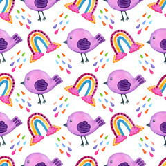 Naklejka premium Watercolor painting doodle lilac bird, rainbow with clouds and colorful rain. Seamless repeating print decorative element for postcards, invitations, textiles, fabrics. Isolated on white background.