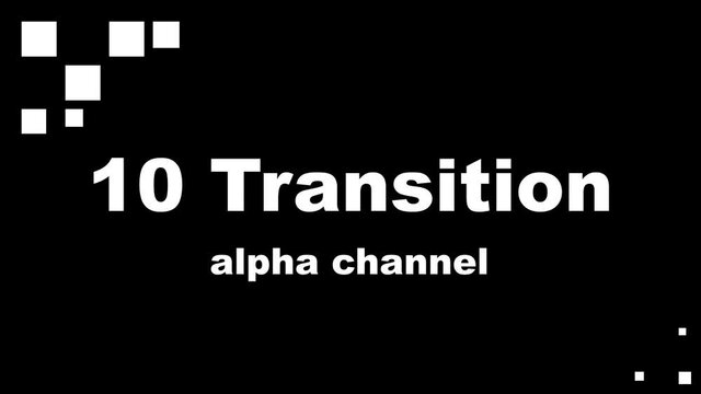 Set of 10 animated transitions with moving square pixels. Transition mask template is white and transparent with an alpha channel.