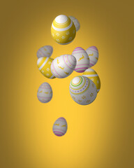 Easter eggs flying on blurred yellow background.