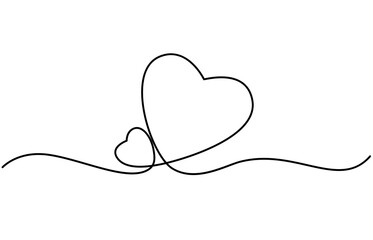 One Line Abstract Drawing. Two Hearts black Line Drawing on white background.Love valentines day vector illustration.