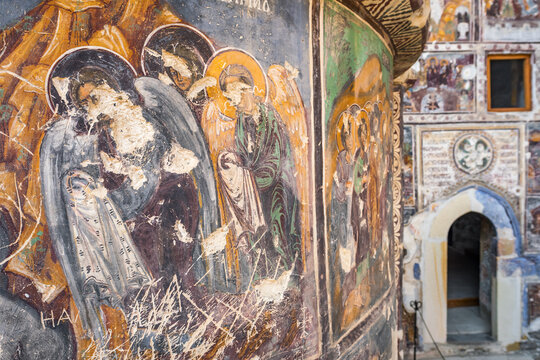 Ancient frescoes inside the Rock Church at Sumela Monastery in Trabzon, Turkey.