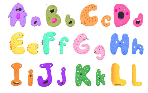 cartoon monster alphabet funny colorful doodle crazy font character illustration watercolor