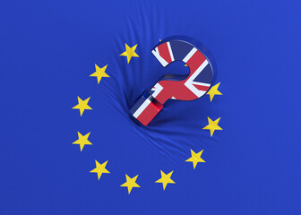 Question mark with the English flag, on European Union flag. International relation concept.  Horizontal composition with copy space. Isolated with clipping path.