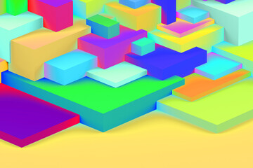 Abstract geometric cubic holographic colorful in neon lights background. isometric 3d render.