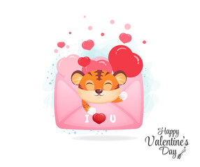 Cute envelope with tiger inside. Cute valentine element cartoon character