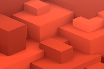 Abstract orange color cubic geometric dark background. isometric 3d render.