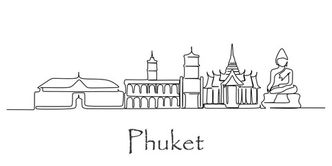 Single continuous line drawing of Phuket skyline, Thailand. Famous city scraper landscape. World travel home wall decor art poster print concept. Modern one line draw design vector illustration - obrazy, fototapety, plakaty