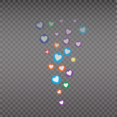 Live like, flying color hearts for stream. Live video and flying likes. Social media elements falling.