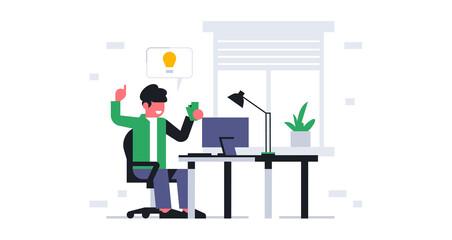 A male office worker got the idea to order food. Online ordering food to the office. Lunch break at work, time to eat. Workplace interior, work table, lamp, light. Vector illustration