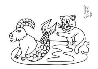 Capricorn zodiac sign in the form of cute cat. Line art isolated on white background. Vector illustration