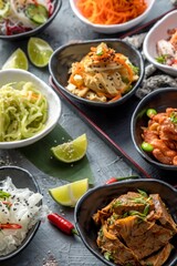 Assorted pan-Asian dishes. Fast food restaurant menu.