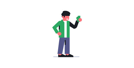 The man shows money in his hand. Man holding money in his hand. Vector illustration isolated on white background.