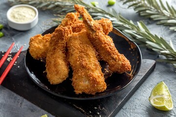 Tiger prawns in batter. Asian fast food.