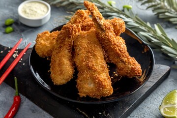 Tiger prawns in batter. Asian fast food.