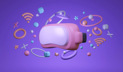 3D Rendering of metaverse VR glasses with elements on background concept future technology gaming virtual reality. 3D render illustration cartoon style.