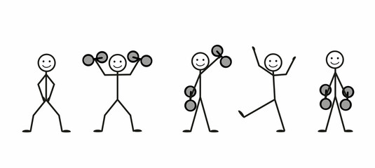 a set of figures of a human athlete in different poses, a man with dumbbells, exercises, a healthy lifestyle, a stick man isolated on a white background