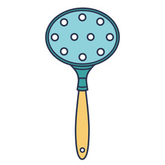 Skimmer vector icon. Hand drawn color illustration isolated on white background. Kitchen slotted spoon with handle, small holes. Cutlery for cooking food, removing foam, stirring. Flat cartoon clipart
