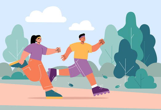Man and woman run in park. Illustration of couple runners jogging together. Vector flat landscape with green trees and two characters joggers on path. Concept of healthy lifestyle, active fit