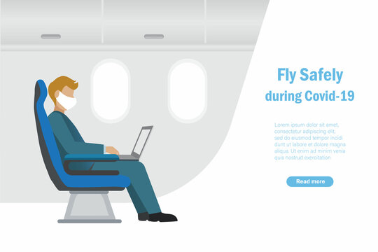 Businessman On Passenger Seat In Airplane Flight With Face Mask Working On Laptop. Safely Travel, Fly Safely During Covid19 Concept.