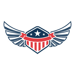 Emblem template with american flag and wings. Design element for emblem, sign, badge, logo. Vector illustration