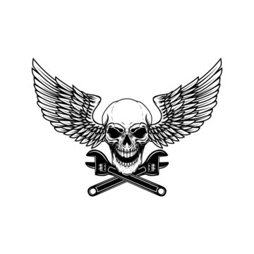 Winged skull with crossed wrenches. Design element for emblem, sign, badge, logo. Vector illustration