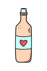 A bottle of wine with a heart on the label. Doodle vector illustration, Valentine's day holiday sticker icon.