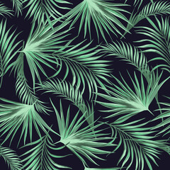 Naklejka na ściany i meble Tropical illustration with palm leaves. Jungle wallpaper with exotic plants. Summer tropical leaf background. Summer foliage print. Pattern design.