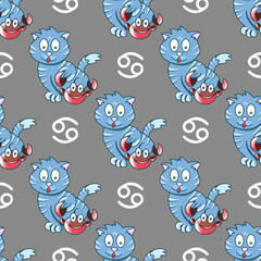 Cancer zodiac sign in the form of cute cat seamless pattern on grey background. Vector illustration