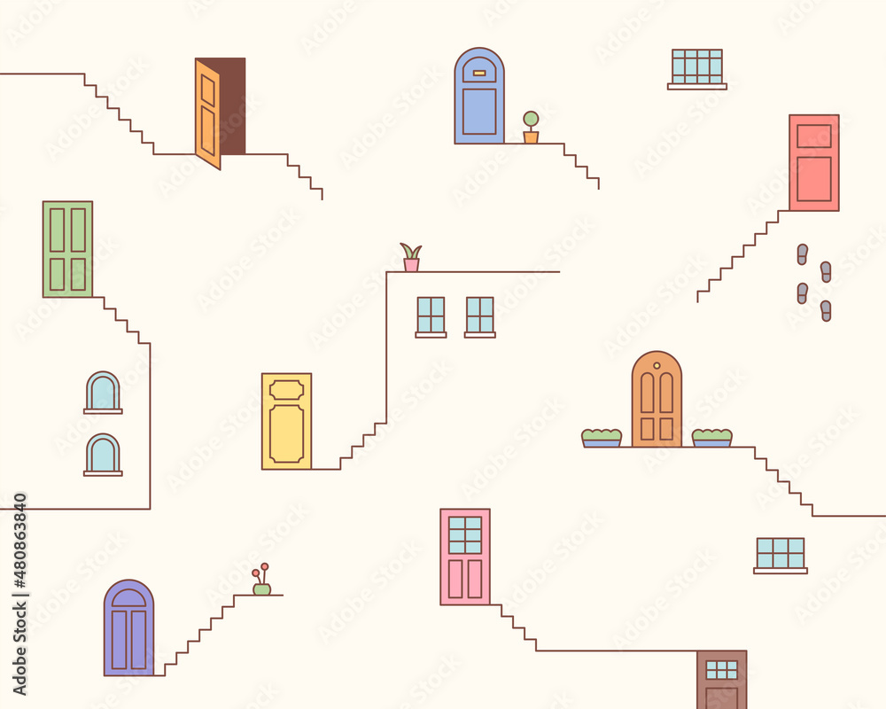 Aufkleber small and simple doors are on the lined staircase. simple pattern design template.