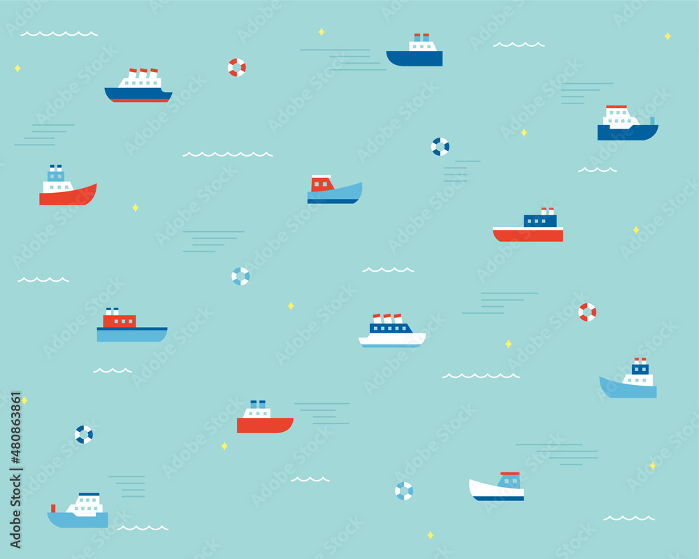 Poster boats with simple designs are floating in the emerald-colored sea. simple pattern design template.
