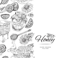 Square honey hand drawn background or banner, sketch vector illustration.