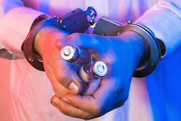 Handcuffed hands holding medicines, the concept of punishment for counterfeit medicines