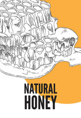 Honey production banner with honeycombs, hand drawn sketch vector illustration.