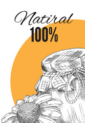Natural organic honey products banner or poster engraving vector illustration.