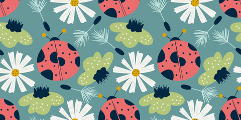 Seamless pattern ladybird and chamomile in scandinavian style. Nordic spring for kids textile. Summer floral scandinavian nursery print design. Ladybug with chamomile and dandelion flowers