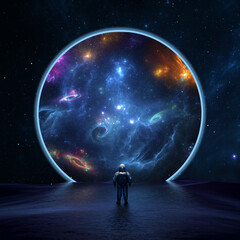 Astronaut cosmonaut discovery of new worlds of galaxies, fantasy portal to far universe. Astronaut space exploration, gateway to another universe. 3d render - obrazy, fototapety, plakaty